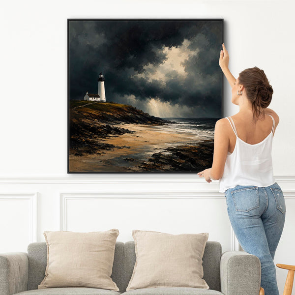 Framed Scottish Canvas Artwork - Lighthouse - Lonely Light