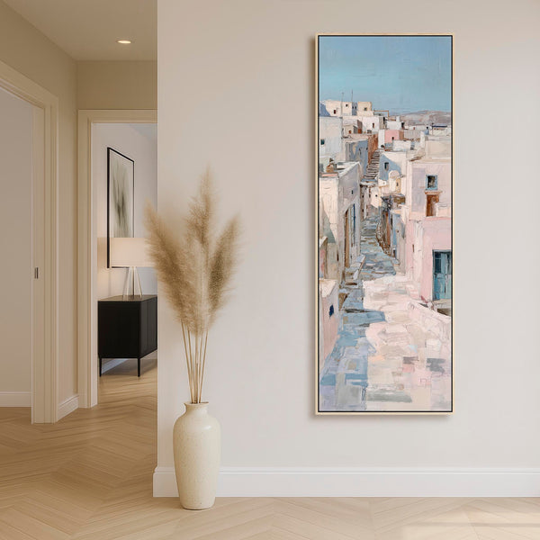 Tall Pastel Blue Cream Framed Wall Art Canvas Narrow Dusky Path