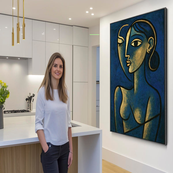 Blue Abstract Framed Canvas Print Picasso Style - Thoughtful Silence