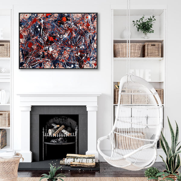 Abstract Jackson Pollock Style Framed Canvas Picture - Blue Red