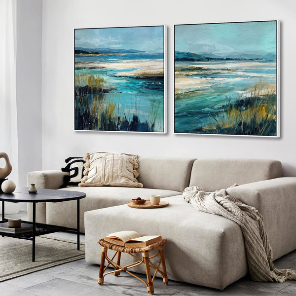 Extra Large Pair Framed Scottish Wall Art - Teal Blue Set of 2
