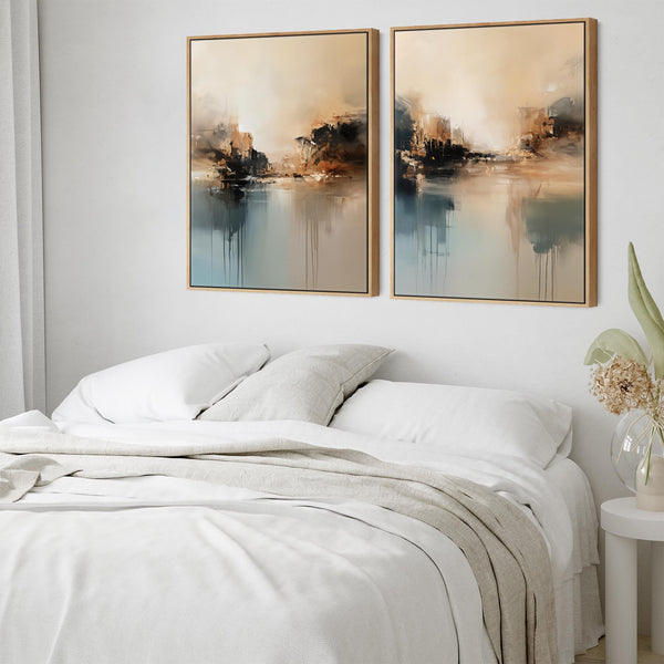 Large Teal Blue Warmth - Set of 2 Framed Abstract Canvases