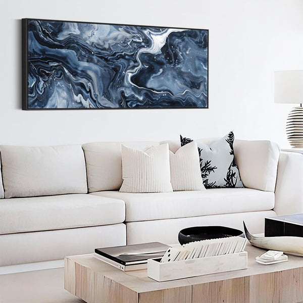 Blue White Abstract Artwork Framed Wide Panoramic - Ocean Sway