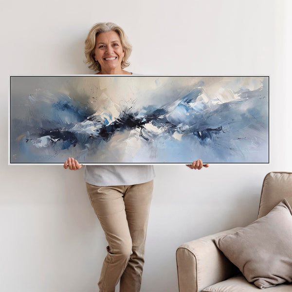 Blue White Abstract Canvas Pictures Framed Wide Panoramic - Harmony