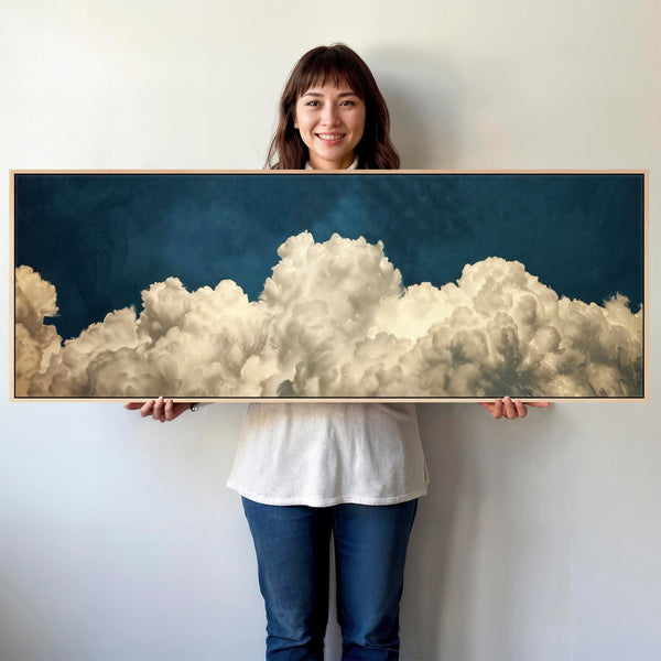 Blue White Abstract Artwork on Canvas Wide Horizontal - Cloud Dreams