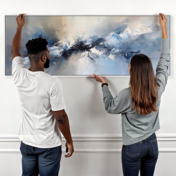 Blue White Abstract Canvas Pictures Framed Wide Panoramic - Harmony