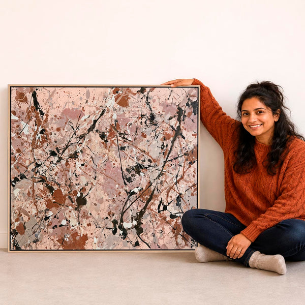 Framed Art for Living Room Lounge - Blush Jackson Pollock Style