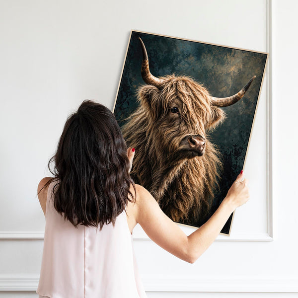 Bonnie - Blonde Highland Cow - Teal Framed Canvas Wall Art