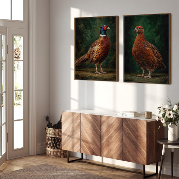 Brace - Framed Game Bird Canvas Wall Art - Copper & Fern Green