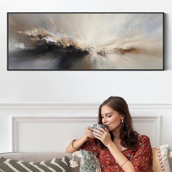 Grey Neutral Long Framed Wide Canvas Art Panoramic Abstract Landscape for Kitchen Dining Room