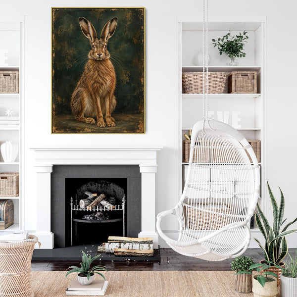 Brown Hare - Vintage Framed Emerald Green Canvas Wall Art - Mab