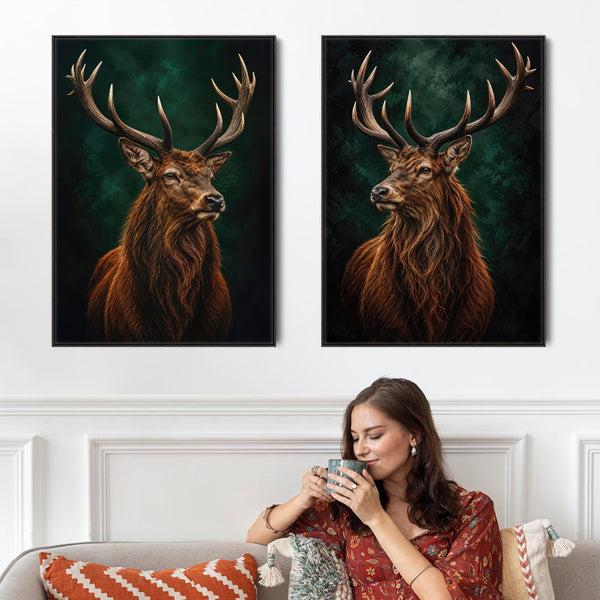 Rivals - Highland Stag Scottish Framed Canvas Wall Art Set of 2