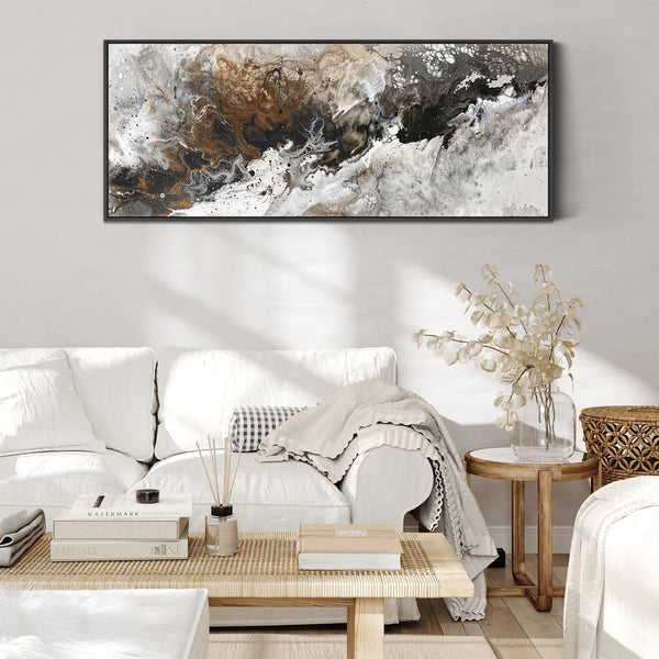 Wide Long Brown White Wall Art - Tempest - Framed Abstract Artwork