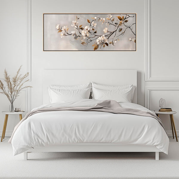 Wide Warm Scandi Neutral Framed Long Bedroom Canvas over Bed