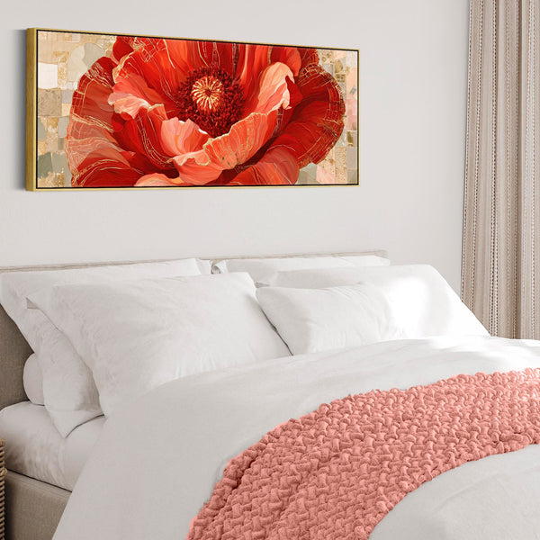 Wide Red Gold Cream Floral Bedroom Framed Canvas for Over bed