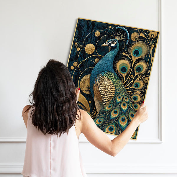 Celestial - Navy & Gold Peacock Framed Art Nouvuea Canvas Print