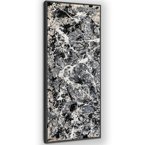 Tall Jackson Pollock Style Neutral Grey Framed Canvas - Havoc