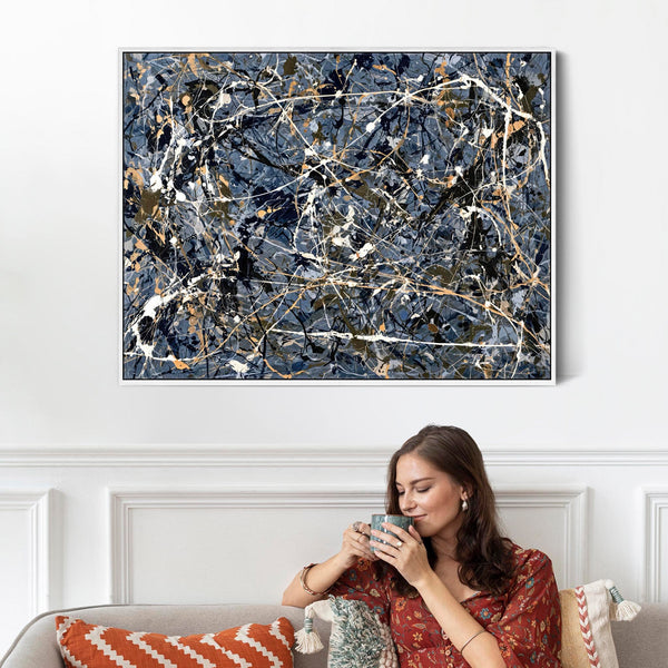 Blue Cream Abstract Framed Canvas Picture Jackson Pollock Style