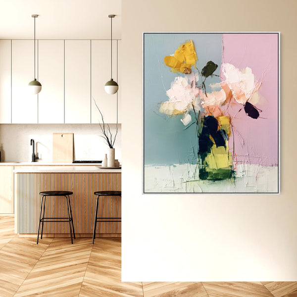 Abstract Colourful Floral Vase - Pink Green Framed Canvas Artwork Print