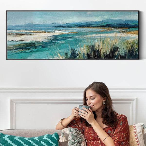 Wide Living Room Framed Wall Art on Canvas - Teal Tidal Drift