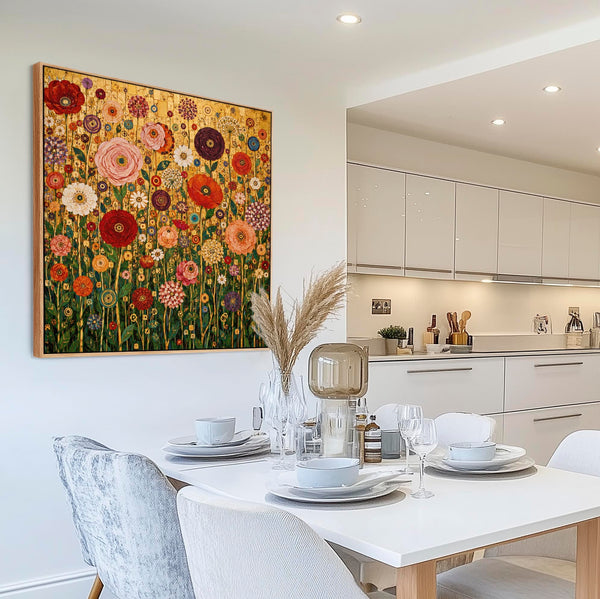 Bright Colourful Gustav Klimt inspired Framed Floral Canvas Art