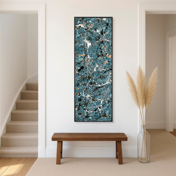 Tall Teal Blue Abstract Vertical Wall Art - Pollock Inspired