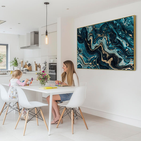 Teal Gold Abstract Framed Canvas Wall Art - Celestial Flow for Living Room