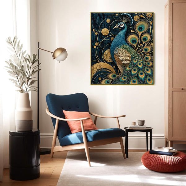 Celestial - Navy & Gold Peacock Framed Art Nouvuea Canvas Print