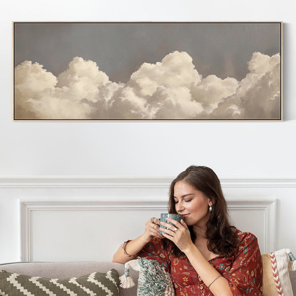 Clouds Abstract Modern Framed Panoramic Artwork Grey White Horizontal Wall Art