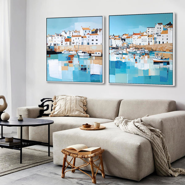 Extra Large Cornwall Harbour Framed Wall Art - Coastal Set of 2 Canvases in Blue