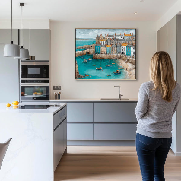 Coastal Cornish Harbour Framed Seaside Artwork on Canvas Blue