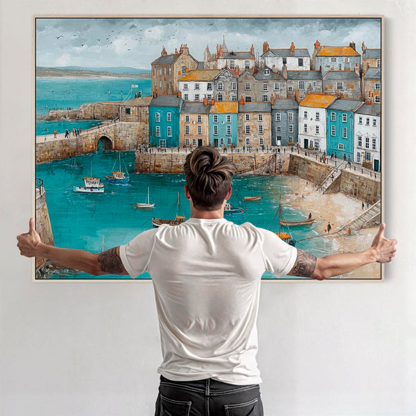 Coastal Cornish Harbour Framed Seaside Artwork on Canvas Blue