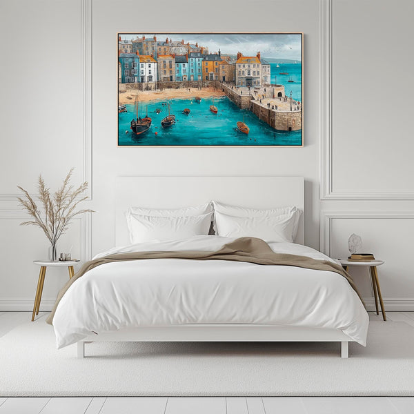 Coastal Cornish Seaside Framed Wall Art on Canvas Blue
