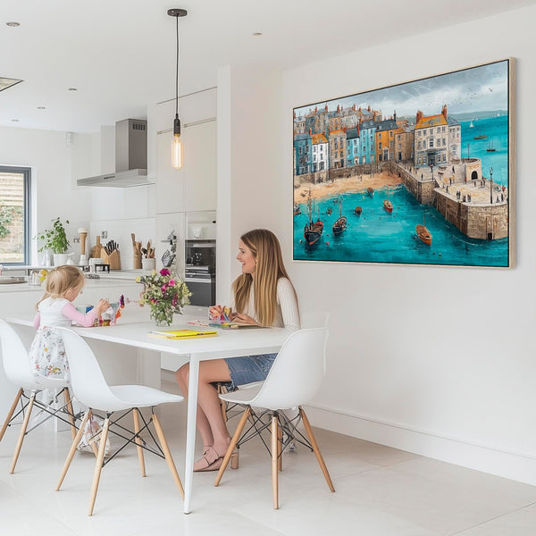 Coastal Cornish Seaside Framed Wall Art on Canvas Blue