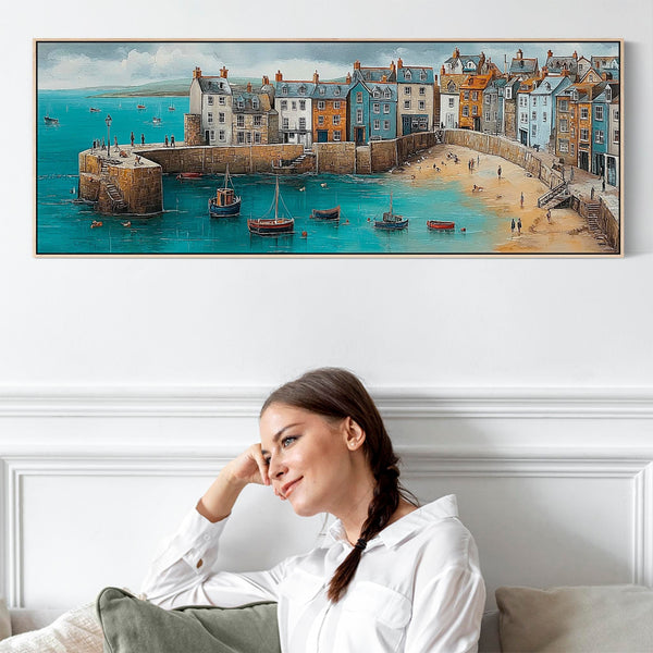Coastal Cornwall Harbour Wide Framed Horizontal Wall Art in Blue