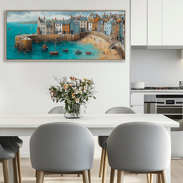 Coastal Cornwall Harbour Wide Framed Horizontal Wall Art in Blue