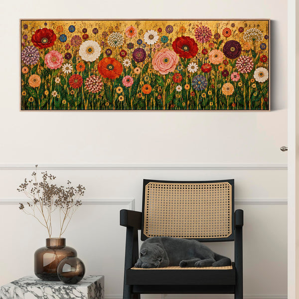 Wide Colourful Floral Gustav Klimt inspired Horizontal Canvas
