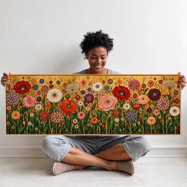 Wide Colourful Floral Gustav Klimt inspired Horizontal Canvas