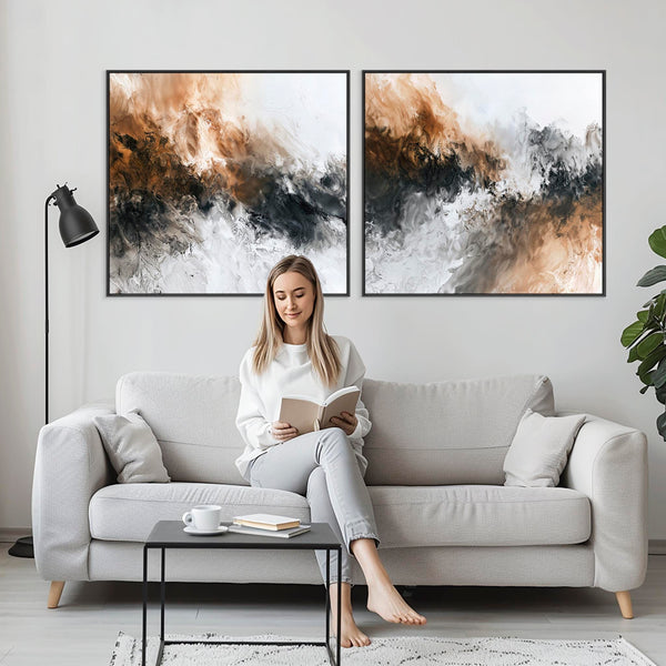Large Oversized Abstract Wall Art - Convergence - Framed Pair of Canvases