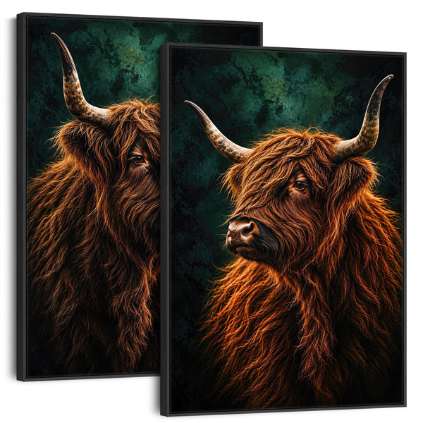 Coos - Highland Cows - Unique Pair Framed Canvases - Set of 2