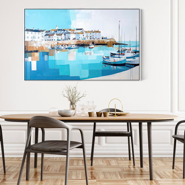 Kitchen Canvas Wall Art - Framed Cornish Coastal Artwork in Blue