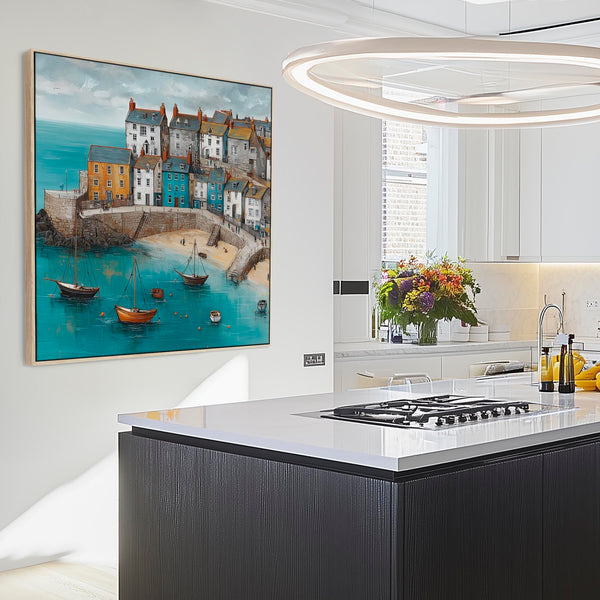 Cornish Harbour Framed Artwork on Canvas Blue