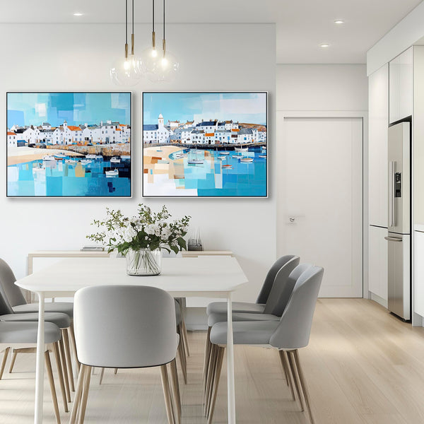 Huge Oversized Framed Wall Art - Cornish Harbour Set of 2 Canvases in Blue