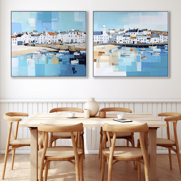 Huge Oversized Framed Wall Art - Cornish Harbour Set of 2 Canvases in Blue