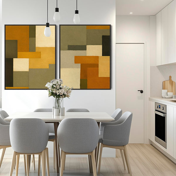 Large Mustard Green Pair of Abstract Framed Canvas Set of 2 - Cozy Earth