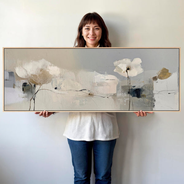 Neutral Cream Grey Long Wide Wall Art Canvas for Bedroom