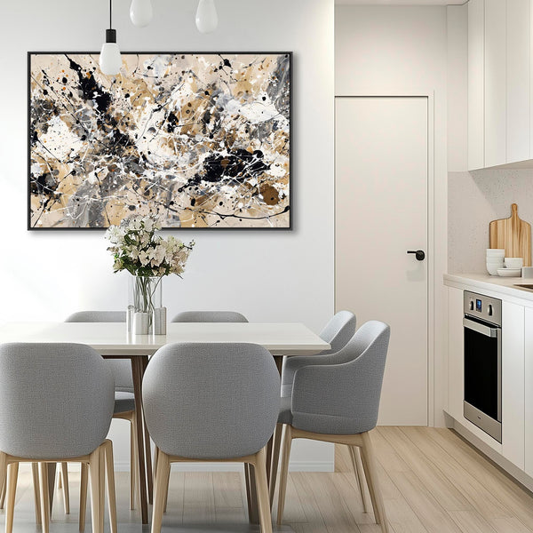 Neutral Black Jackson Pollock Style Abstract Artwork Framed Cream Impact
