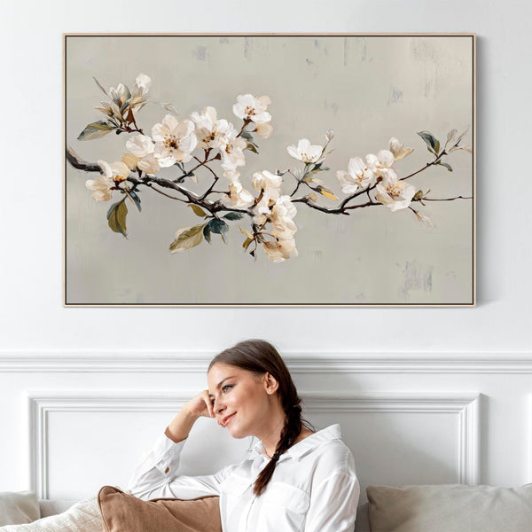 Neutral Cream Grey Framed Bedroom Wall Art over Bed - Spring