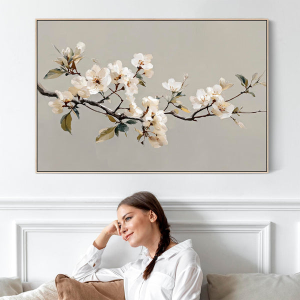 Neutral Cream Grey Framed Bedroom Wall Art over Bed - Spring