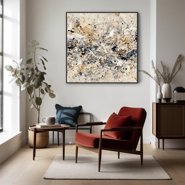Large Living Room Framed Canvas Neutral Cream Black Lounge Art